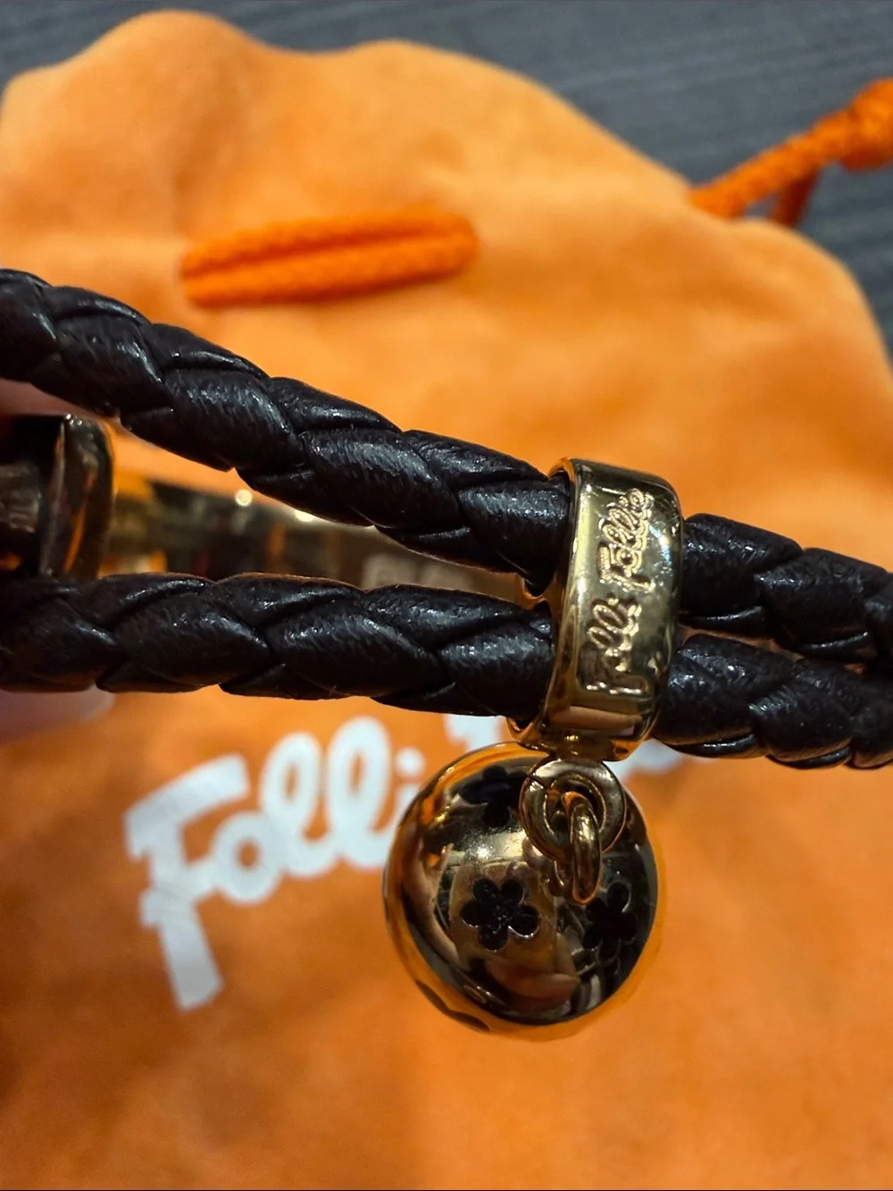 Folli Follie Black Braided Leather Bracelet with Gold Flower Accent
